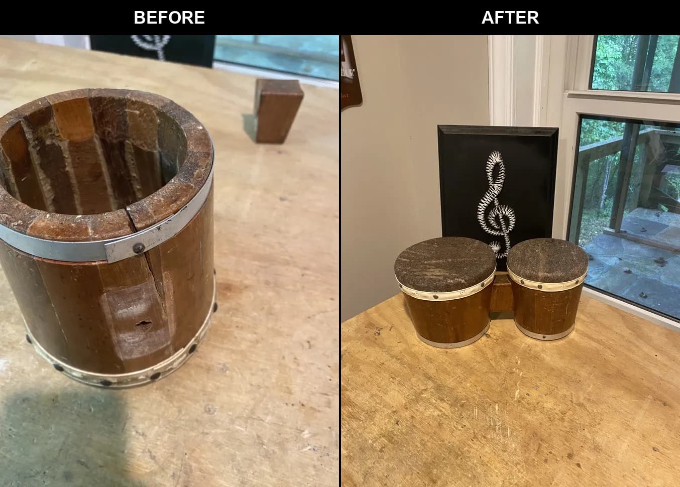 A vintage 1957 set of bongos before and after repair, side by side