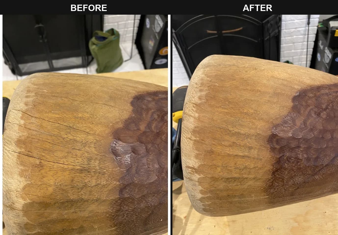 A cracked djembe shell before and after the repair, side by side