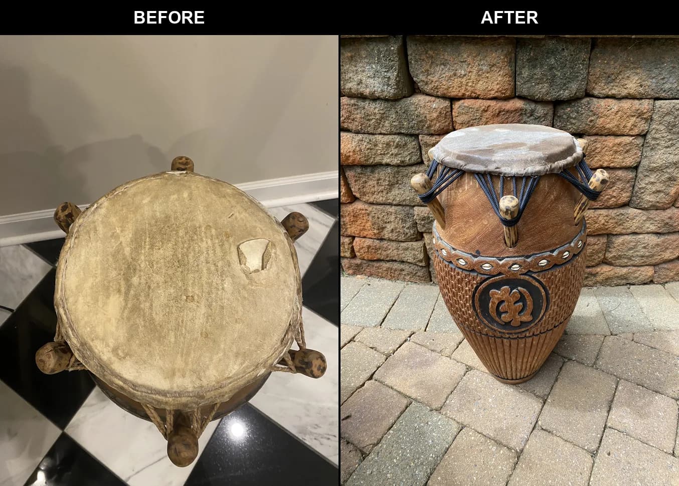 A kpanlogo drum before and after a new head, side by side