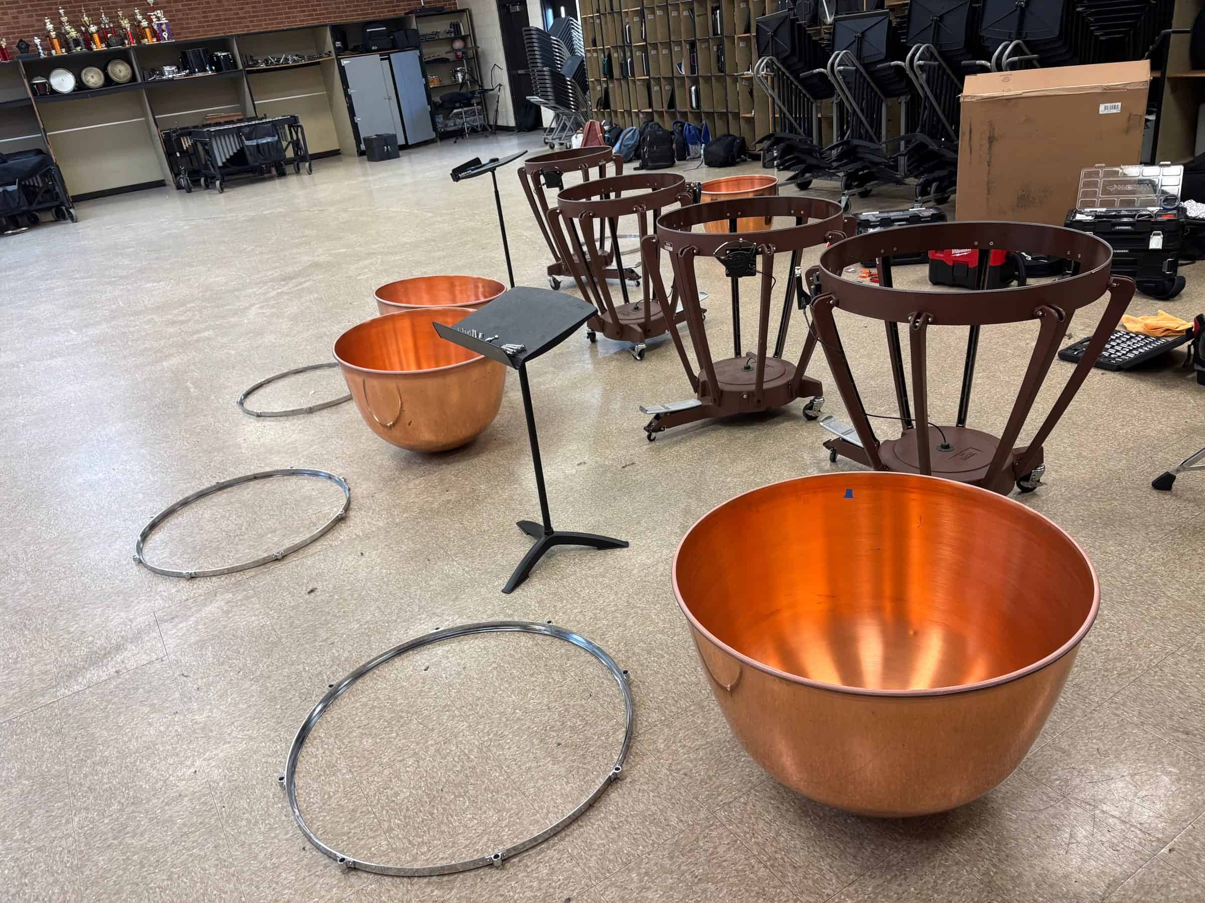 Yamaha timpani disassembled for repair