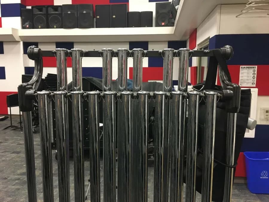 The same set of orchestral chimes restrung and hung level in its frame, ready to play