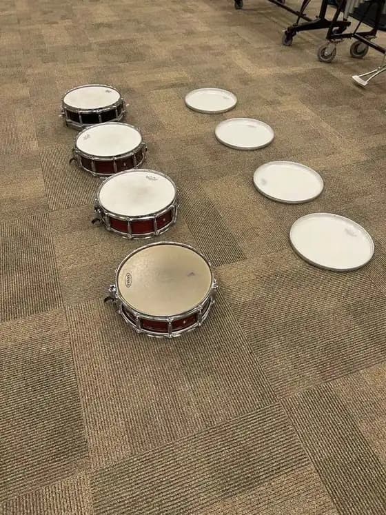 A row of concert snare drums before service, the front head yellowed and cracked