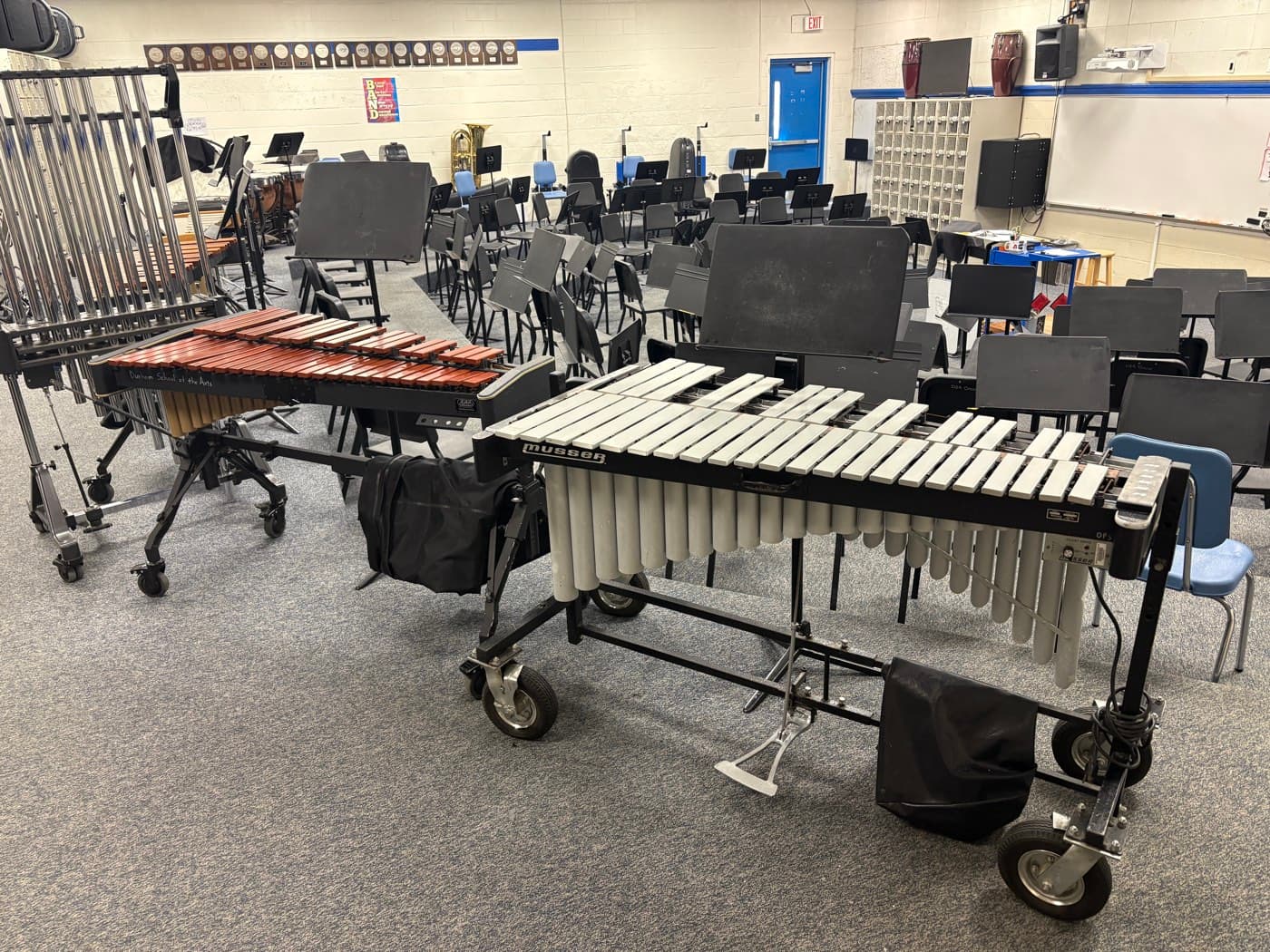 A marimba and vibraphone in a band room after yearly keyboard maintenance at Durham School of the Arts