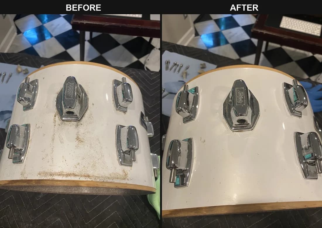 A 1960s Ludwig floor tom before and after cleaning: tarnished lugs and a grimy shell restored to a clean, tight finish