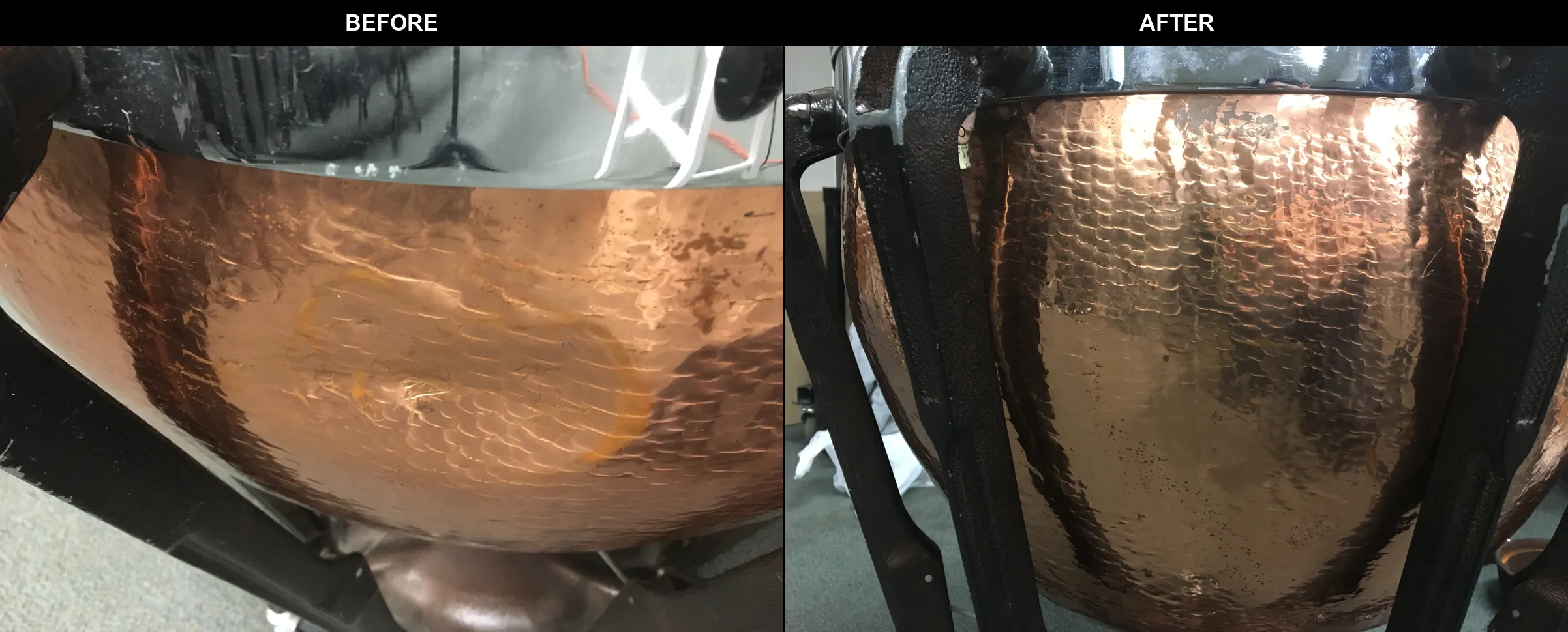 A dented copper timpani bowl before and after the dent was removed, side by side