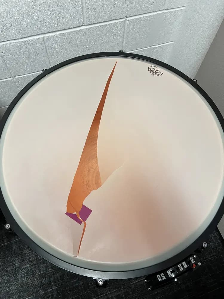 A torn timpani head with a long split across the surface