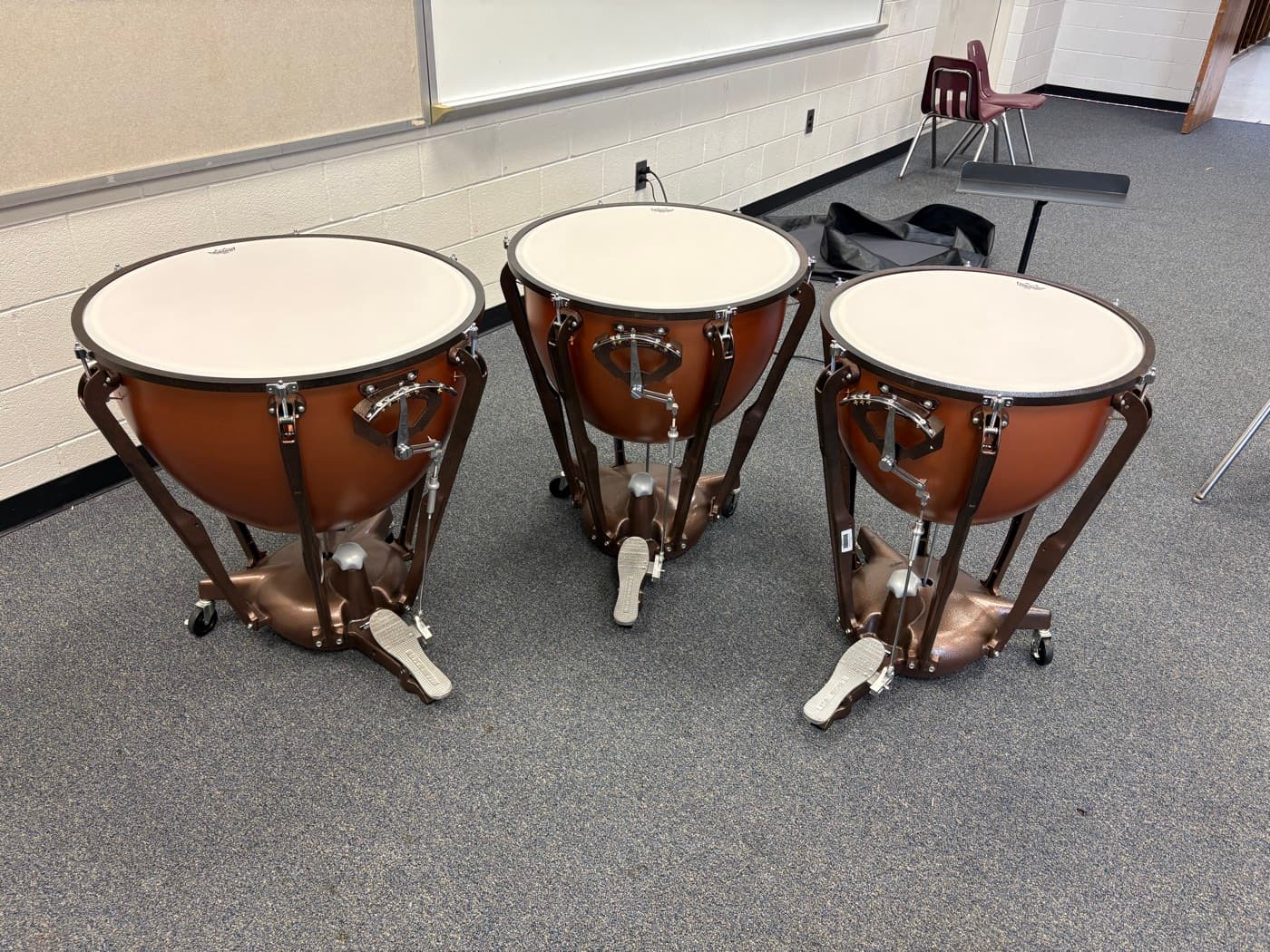 A set of completed timpani, cleaned and ready to play