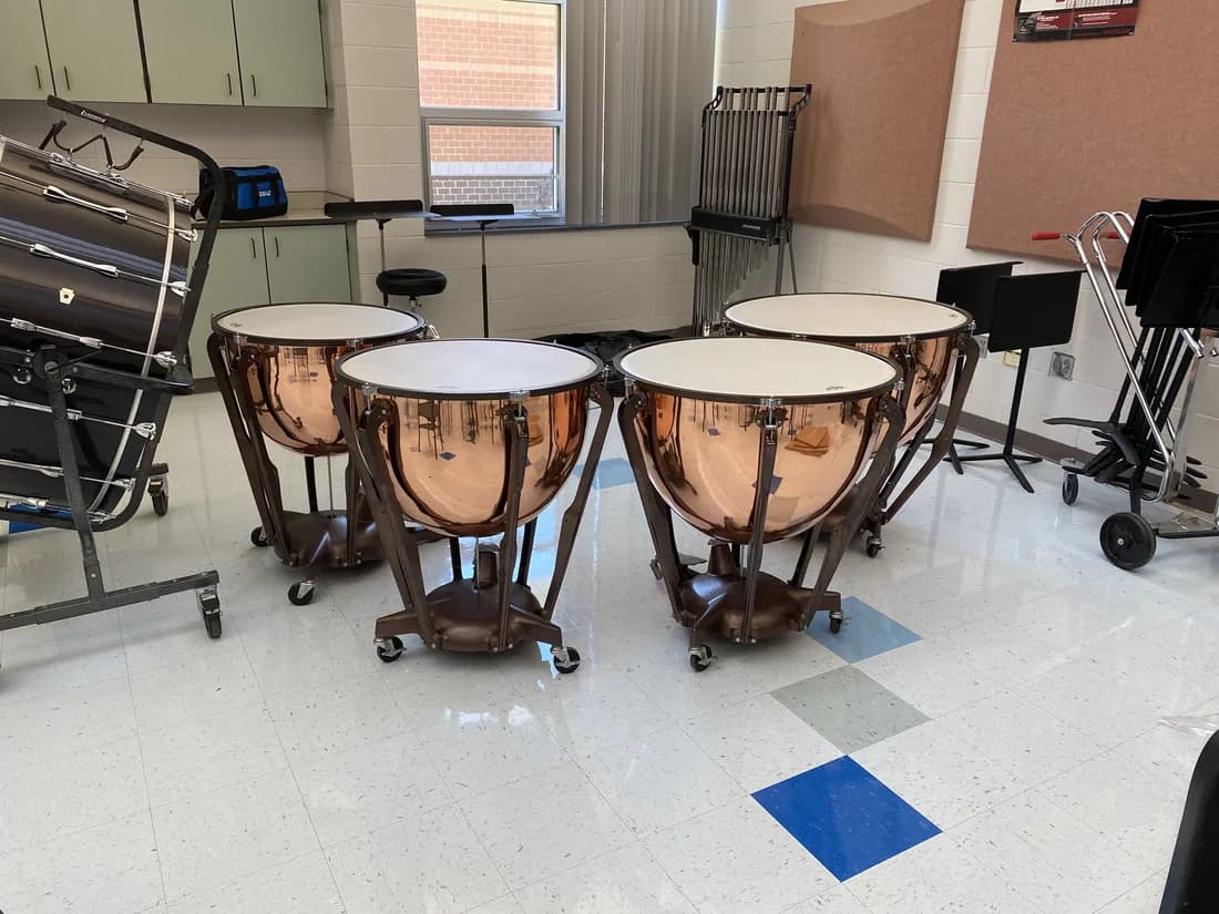 A set of four timpani serviced for Gravelly Hill Middle School, Durham