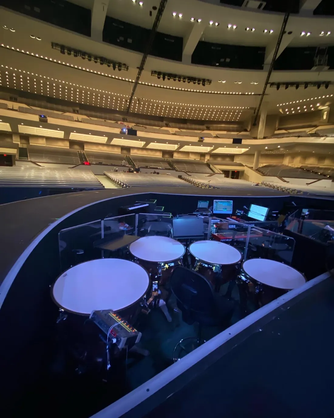 A set of four timpani in the orchestra pit at Prestonwood Baptist Church