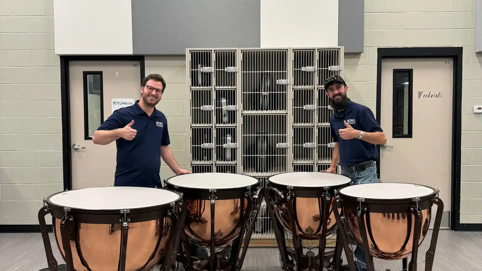Bono Percussion technicians with school timpani during a maintenance visit