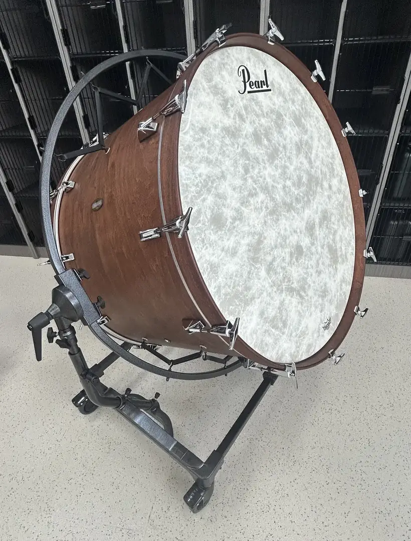 A Pearl Philharmonic concert bass drum on its stand