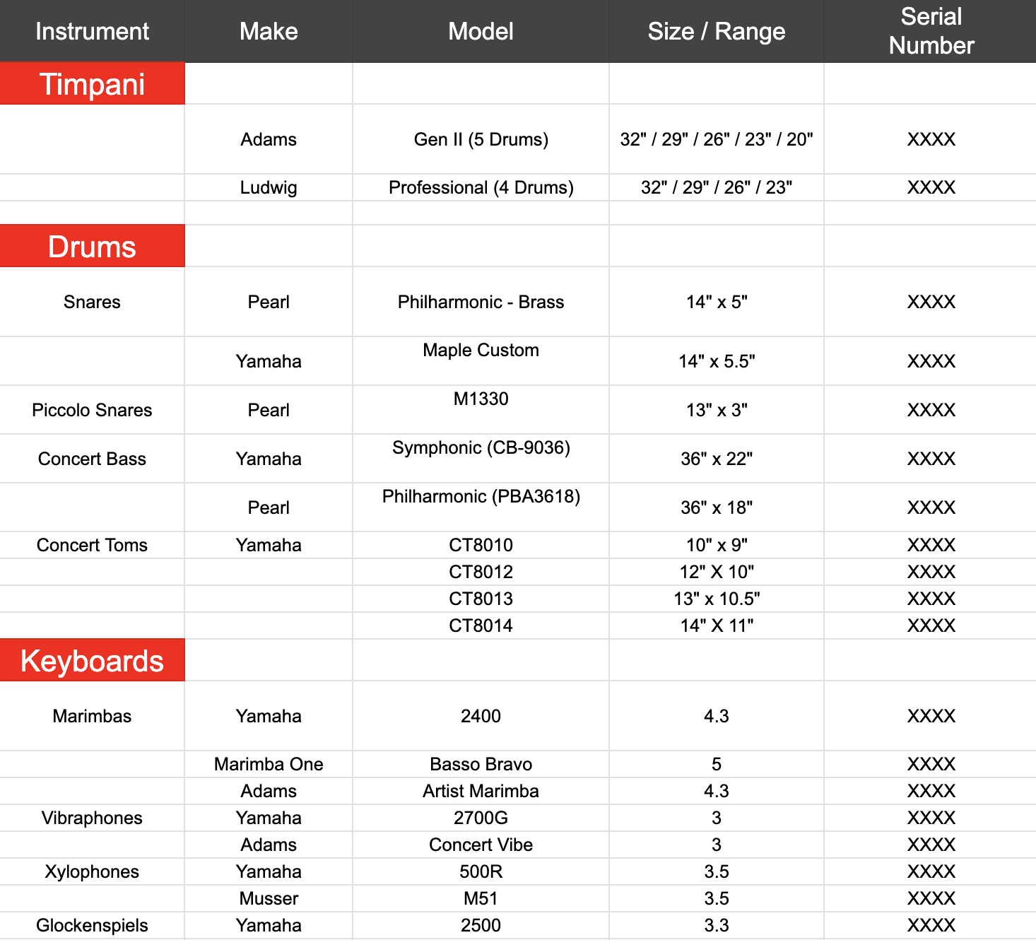 Sample percussion inventory list