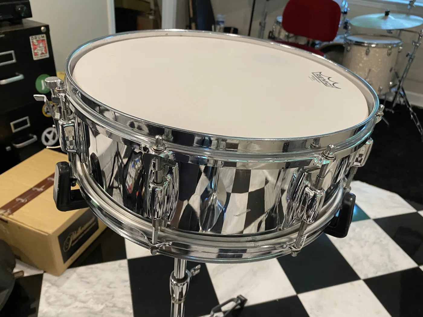 Ludwig drum-kit snare on its stand, freshly tuned