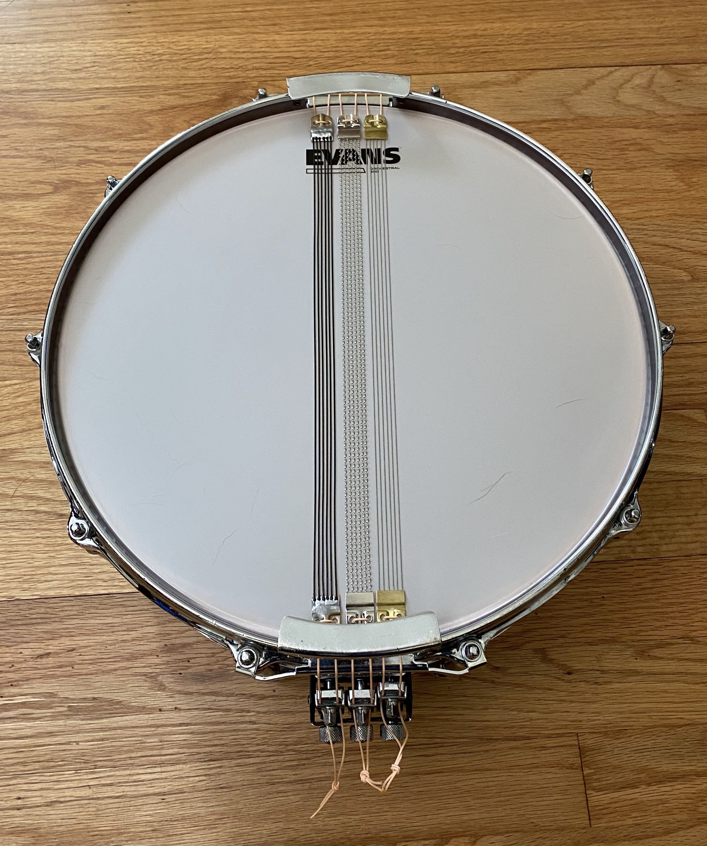 New snare drum head and snare wires installed