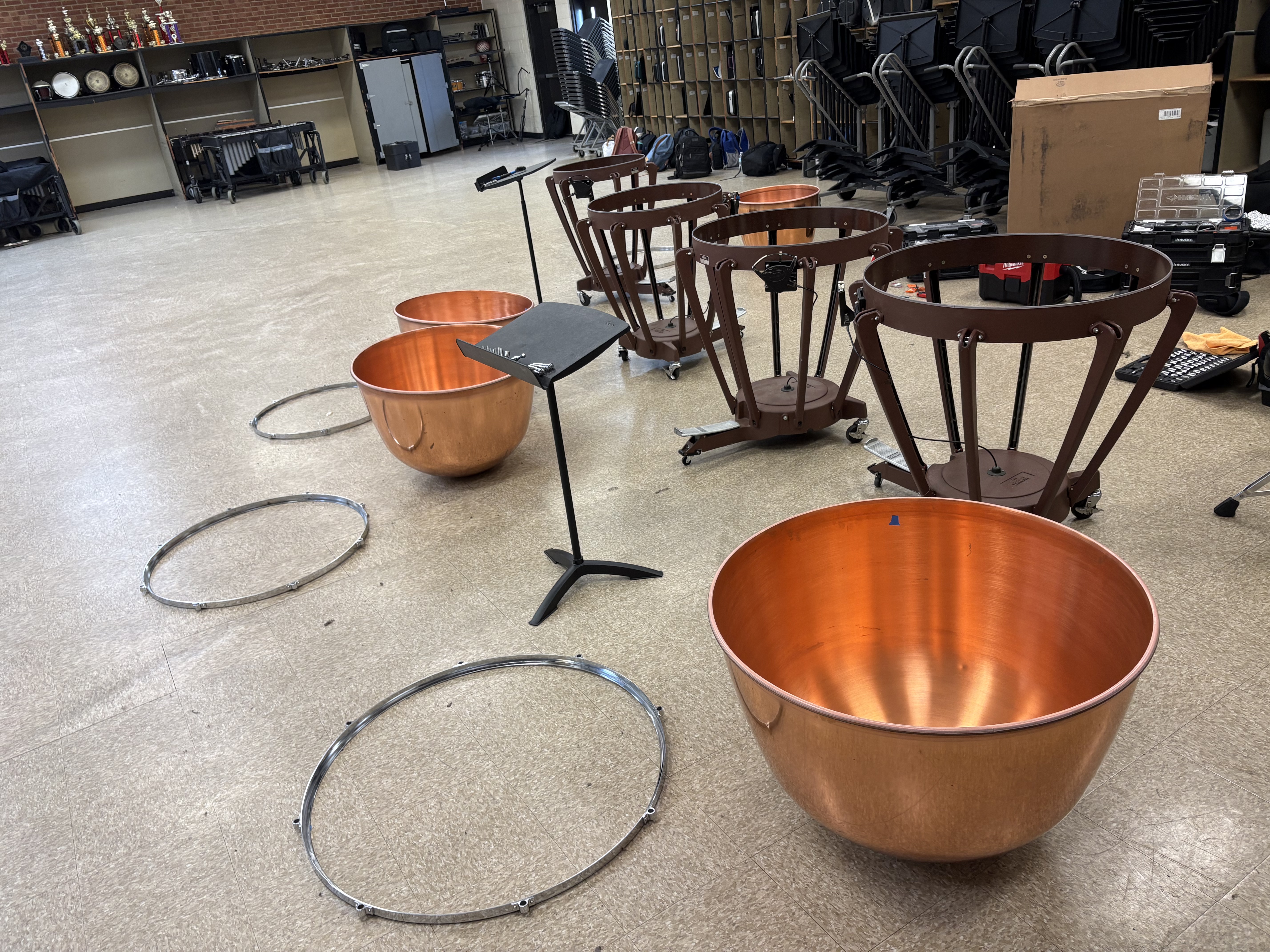 Timpani with heads and counter hoops removed